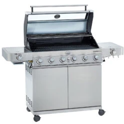Rösle Edelstahl Gasgrill Videro G6-S VARIO+ - Limited Edition Modell 2023 - X-DEAL Inkl. Abdeckhaube, Grillplatte Und Drehspieß -Bbq Discounter Roesle Videro 25528 G6 S Edelstahl Deckel offen